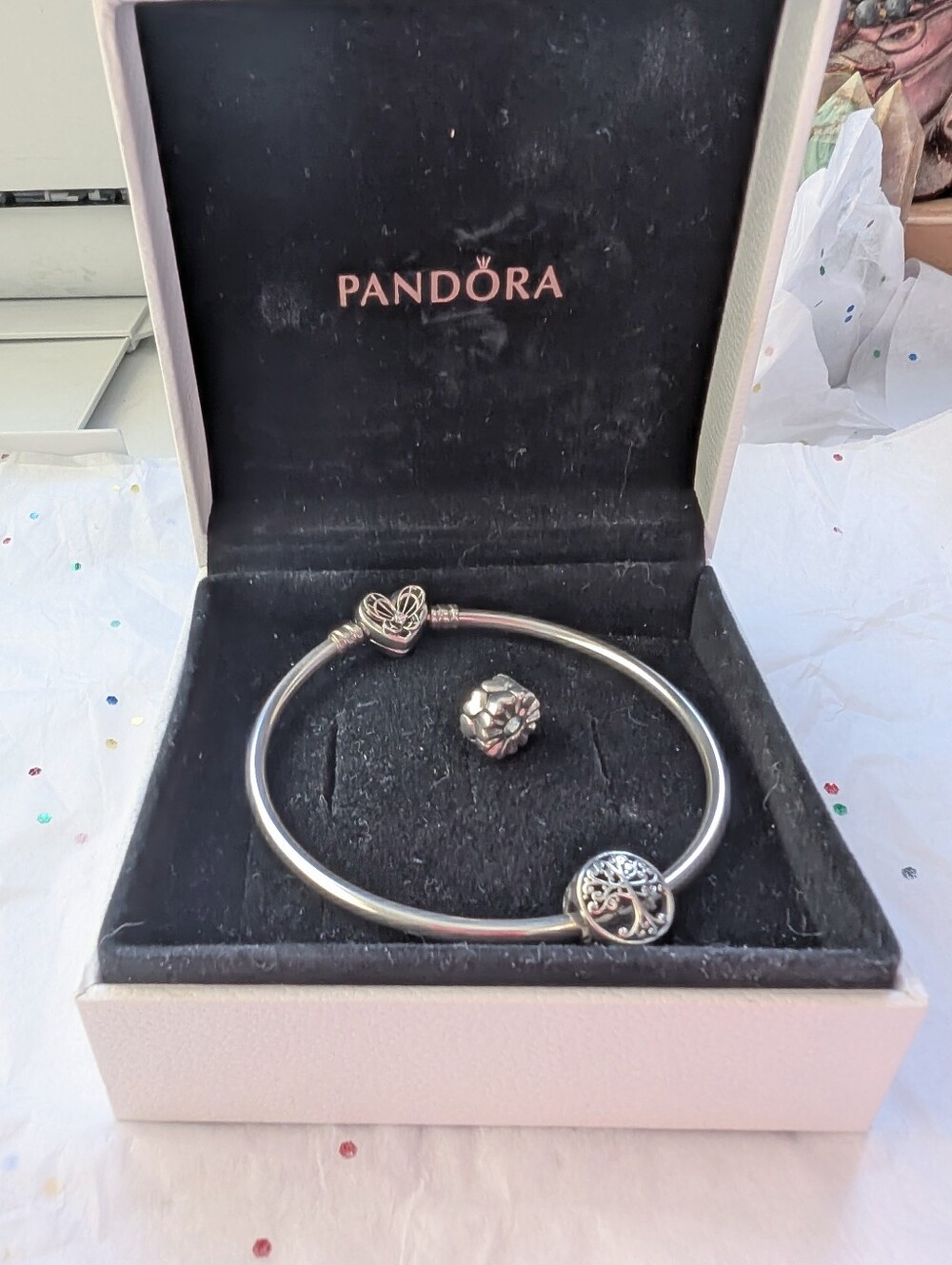 Pandora Silver Heart Butterfly Clasp Bangle Plus 2 Authentic Charms And Box